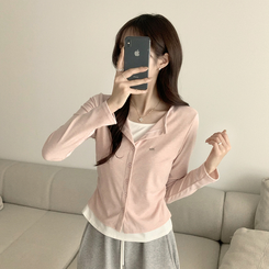 ラウンドボタンレイヤードワッペンカーディガン(5color) PINK