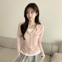 ラウンドボタンレイヤードワッペンカーディガン(5color) PINK