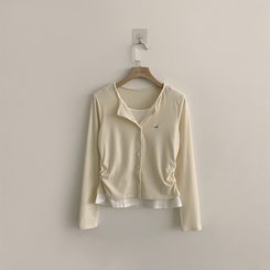 ラウンドボタンレイヤードワッペンカーディガン(5color)