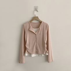 ラウンドボタンレイヤードワッペンカーディガン(5color)