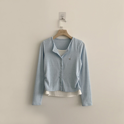 ラウンドボタンレイヤードワッペンカーディガン(5color)