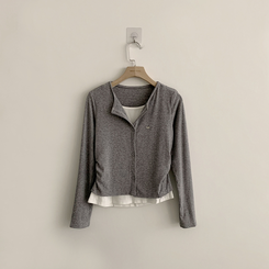 ラウンドボタンレイヤードワッペンカーディガン(5color)