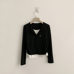 ラウンドボタンレイヤードワッペンカーディガン(5color)