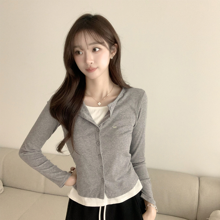레이어드 효과 포미 라운드 버튼 봄 긴팔 배색 가디건 데일리 와펜 아우터 팬던트 단추 긴팔티 5color 그레이