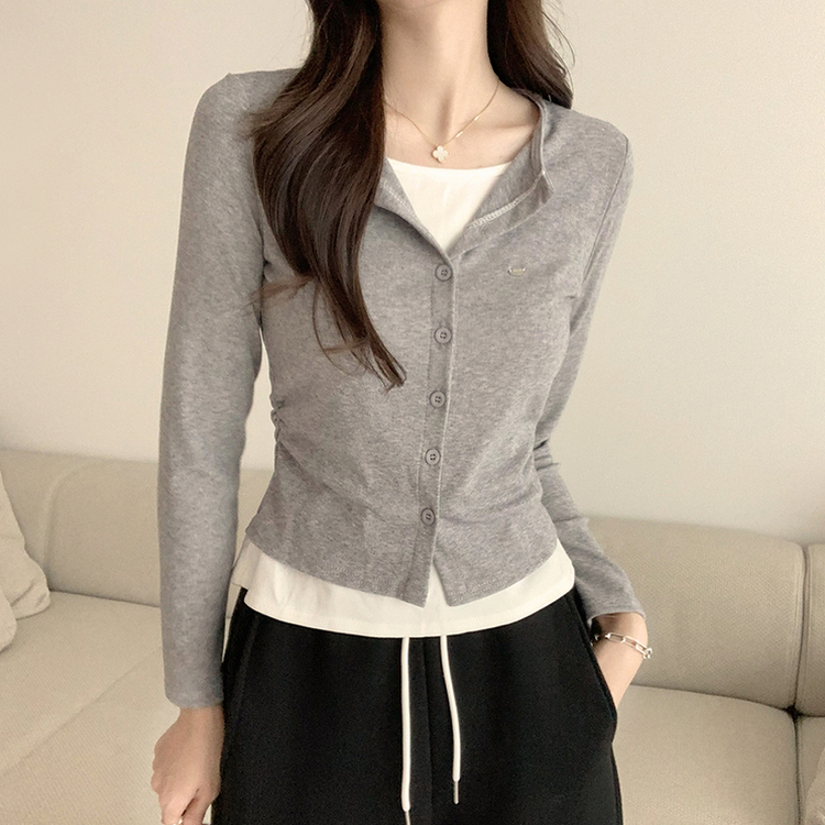 레이어드 효과 포미 라운드 버튼 봄 긴팔 배색 가디건 데일리 와펜 아우터 팬던트 단추 긴팔티 5color 그레이