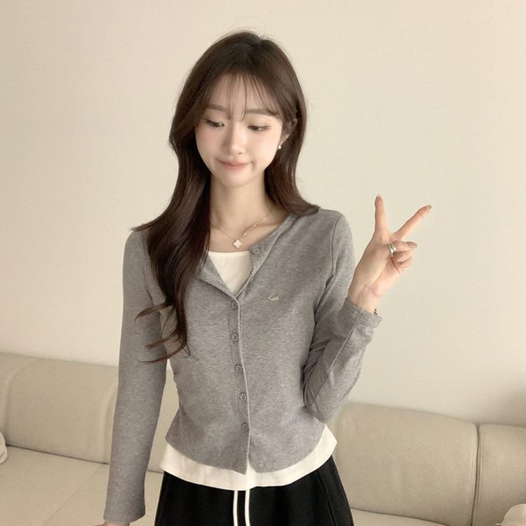 레이어드 효과 포미 라운드 버튼 봄 긴팔 배색 가디건 데일리 와펜 아우터 팬던트 단추 긴팔티 5color 그레이
