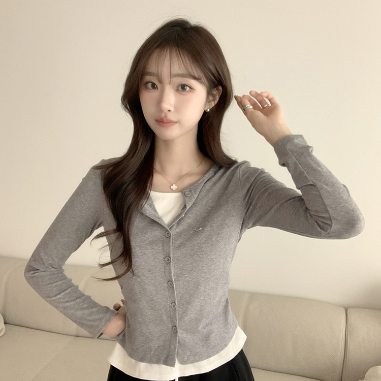 레이어드 효과 포미 라운드 버튼 봄 긴팔 배색 가디건 데일리 와펜 아우터 팬던트 단추 긴팔티 5color 그레이