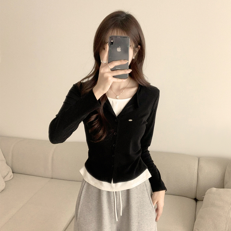 레이어드 효과 포미 라운드 버튼 봄 긴팔 배색 가디건 데일리 와펜 아우터 팬던트 단추 긴팔티 5color 블랙