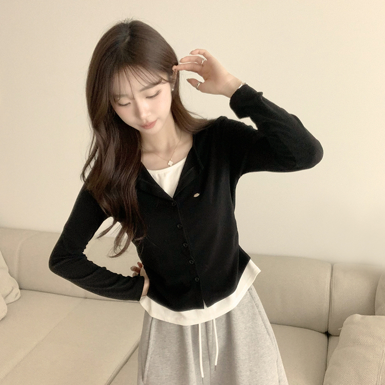 레이어드 효과 포미 라운드 버튼 봄 긴팔 배색 가디건 데일리 와펜 아우터 팬던트 단추 긴팔티 5color 블랙