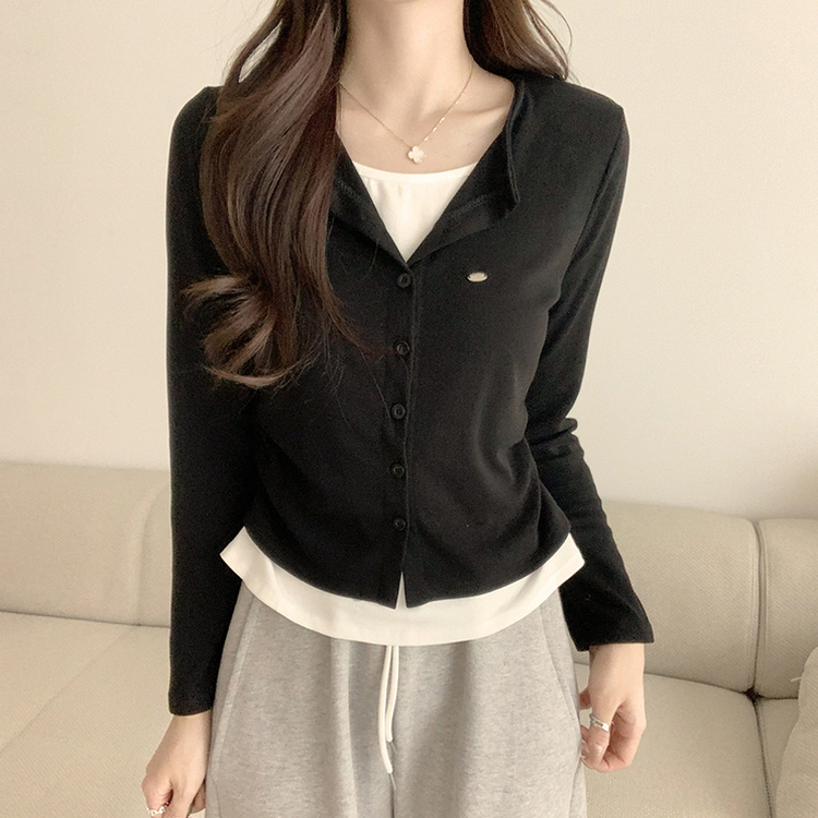 레이어드 효과 포미 라운드 버튼 봄 긴팔 배색 가디건 데일리 와펜 아우터 팬던트 단추 긴팔티 5color 블랙