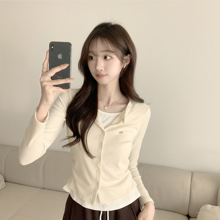 레이어드 효과 포미 라운드 버튼 봄 긴팔 배색 가디건 데일리 와펜 아우터 팬던트 단추 긴팔티 5color 베이지
