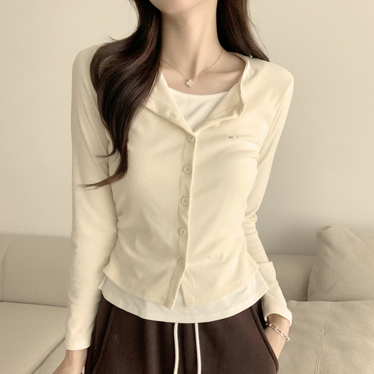 레이어드 효과 포미 라운드 버튼 봄 긴팔 배색 가디건 데일리 와펜 아우터 팬던트 단추 긴팔티 5color 베이지