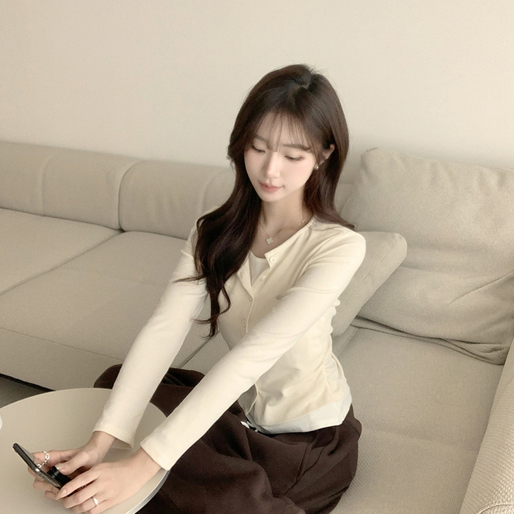 레이어드 효과 포미 라운드 버튼 봄 긴팔 배색 가디건 데일리 와펜 아우터 팬던트 단추 긴팔티 5color 베이지