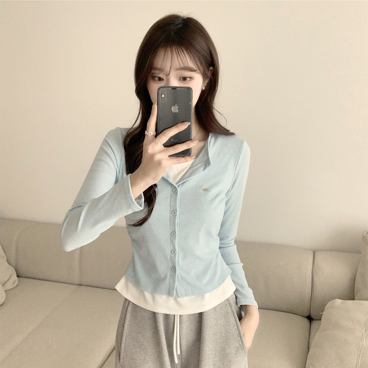 레이어드 효과 포미 라운드 버튼 봄 긴팔 배색 가디건 데일리 와펜 아우터 팬던트 단추 긴팔티 5color 소라