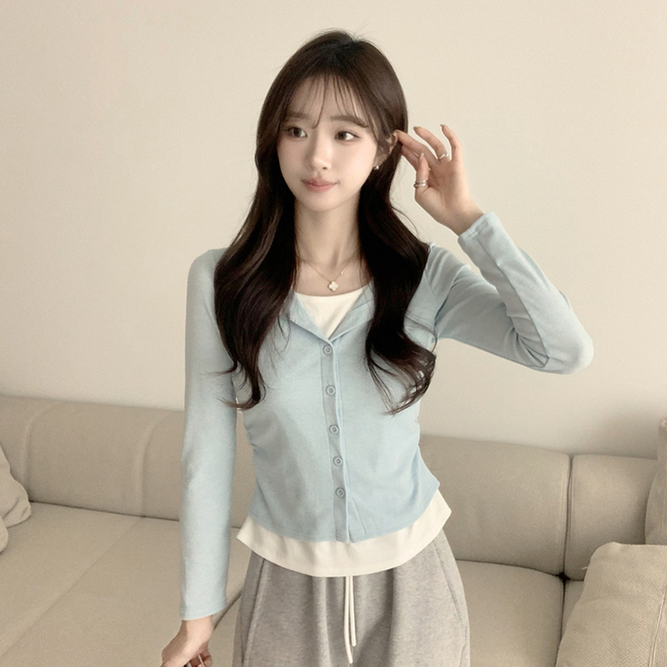 레이어드 효과 포미 라운드 버튼 봄 긴팔 배색 가디건 데일리 와펜 아우터 팬던트 단추 긴팔티 5color 소라