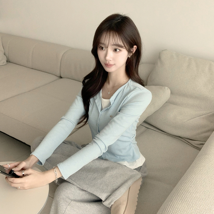 레이어드 효과 포미 라운드 버튼 봄 긴팔 배색 가디건 데일리 와펜 아우터 팬던트 단추 긴팔티 5color 소라