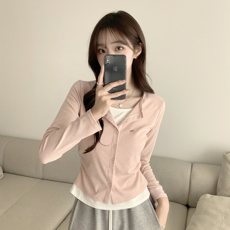 레이어드 효과 포미 라운드 버튼 봄 긴팔 배색 가디건 데일리 와펜 아우터 팬던트 단추 긴팔티 5color 핑크