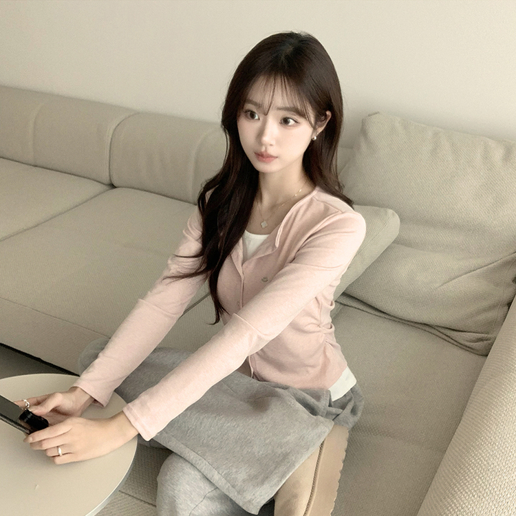 레이어드 효과 포미 라운드 버튼 봄 긴팔 배색 가디건 데일리 와펜 아우터 팬던트 단추 긴팔티 5color 핑크