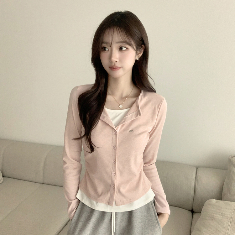 레이어드 효과 포미 라운드 버튼 봄 긴팔 배색 가디건 데일리 와펜 아우터 팬던트 단추 긴팔티 5color 핑크