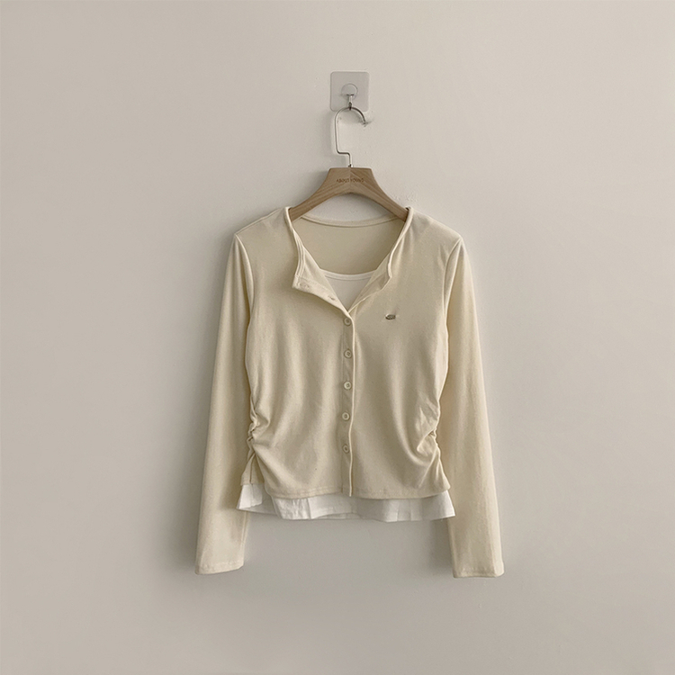 레이어드 효과 포미 라운드 버튼 봄 긴팔 배색 가디건 데일리 와펜 아우터 팬던트 단추 긴팔티 5color