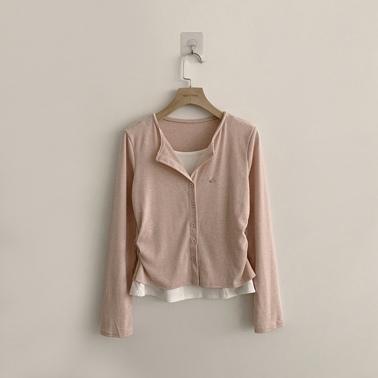 레이어드 효과 포미 라운드 버튼 봄 긴팔 배색 가디건 데일리 와펜 아우터 팬던트 단추 긴팔티 5color