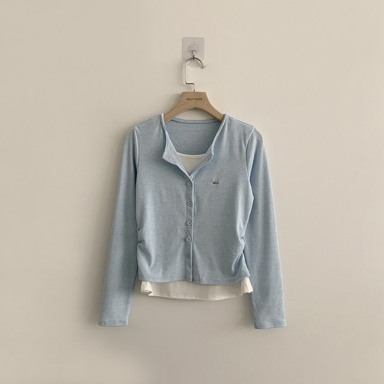 레이어드 효과 포미 라운드 버튼 봄 긴팔 배색 가디건 데일리 와펜 아우터 팬던트 단추 긴팔티 5color