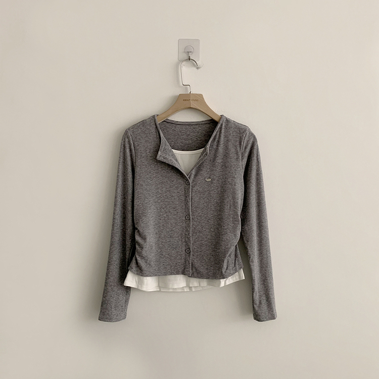 레이어드 효과 포미 라운드 버튼 봄 긴팔 배색 가디건 데일리 와펜 아우터 팬던트 단추 긴팔티 5color