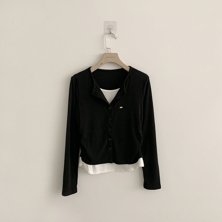 레이어드 효과 포미 라운드 버튼 봄 긴팔 배색 가디건 데일리 와펜 아우터 팬던트 단추 긴팔티 5color