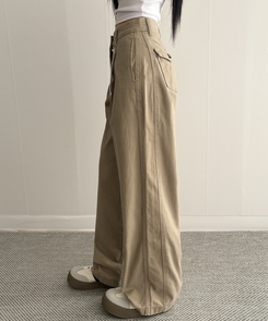 【SHORT/LONG 丈別】ピンタックフラットポケットコットンワイドパンツ BEIGE