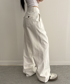 【SHORT/LONG 丈別】ピンタックフラットポケットコットンワイドパンツ IVORY