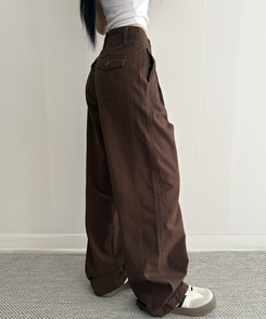 【SHORT/LONG 丈別】ピンタックフラットポケットコットンワイドパンツ BROWN