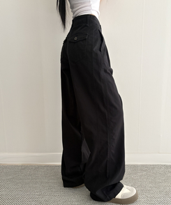 【SHORT/LONG 丈別】ピンタックフラットポケットコットンワイドパンツ BLACK