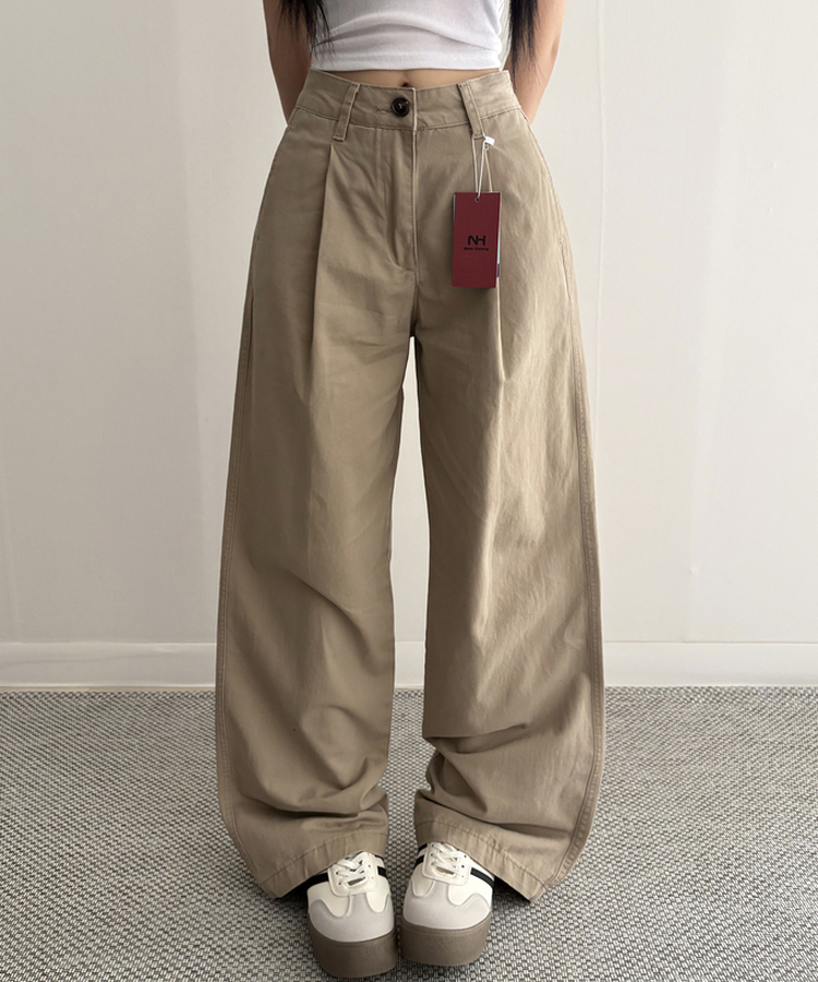 【SHORT/LONG 丈別】ピンタックフラットポケットコットンワイドパンツ BEIGE
