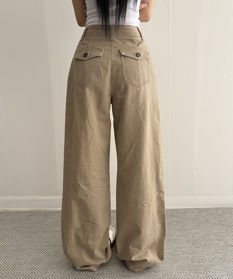 【SHORT/LONG 丈別】ピンタックフラットポケットコットンワイドパンツ BEIGE