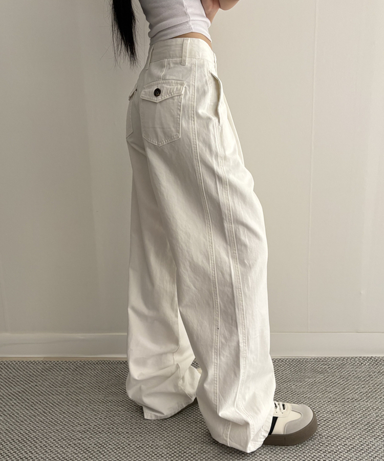 【SHORT/LONG 丈別】ピンタックフラットポケットコットンワイドパンツ IVORY