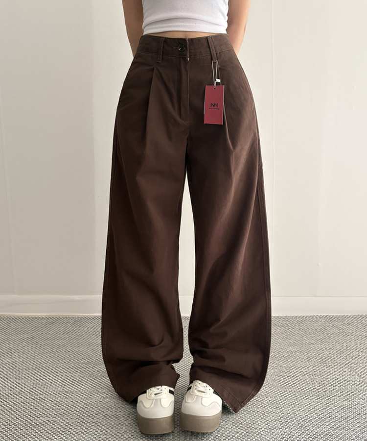 【SHORT/LONG 丈別】ピンタックフラットポケットコットンワイドパンツ BROWN