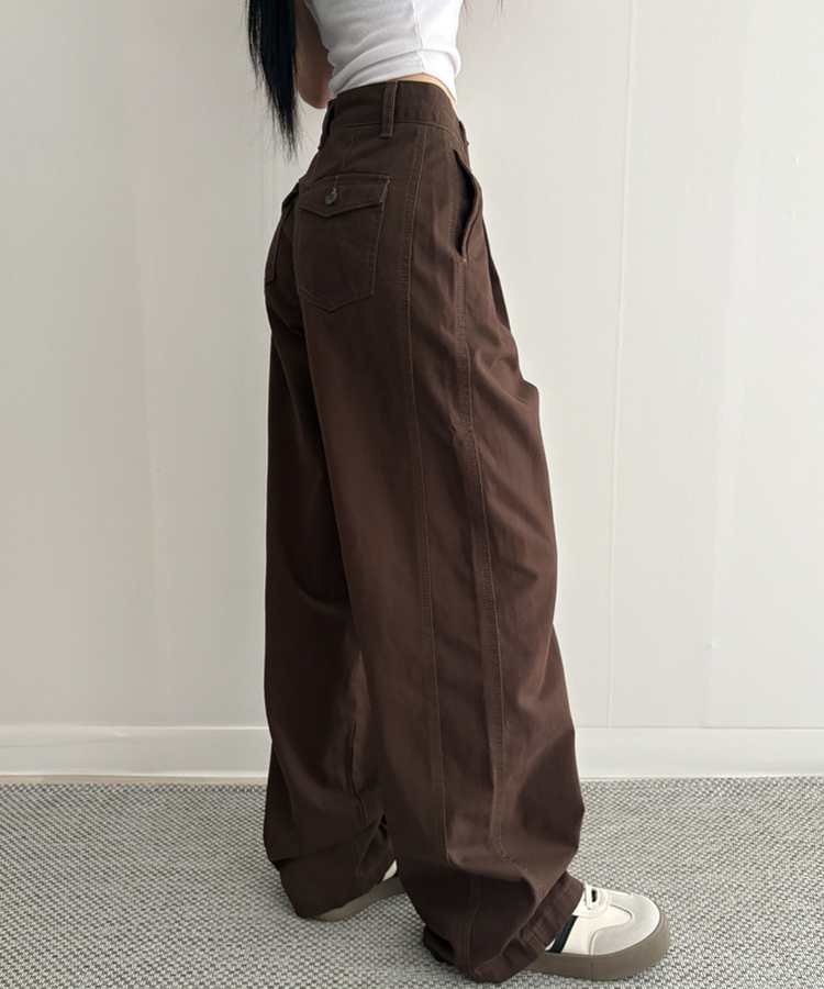【SHORT/LONG 丈別】ピンタックフラットポケットコットンワイドパンツ BROWN