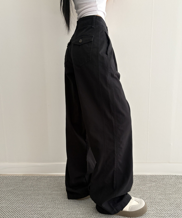 【SHORT/LONG 丈別】ピンタックフラットポケットコットンワイドパンツ BLACK