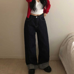 ロールアップワイドデニムパンツ DEEP DENIM