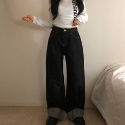 ロールアップワイドデニムパンツ BLACK DENIM