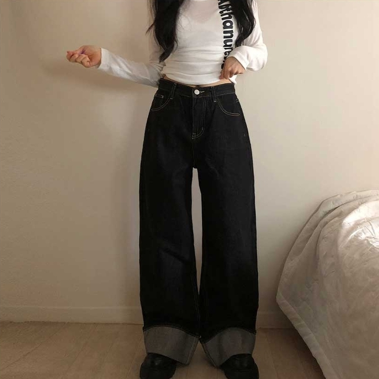 ロールアップワイドデニムパンツ BLACK DENIM