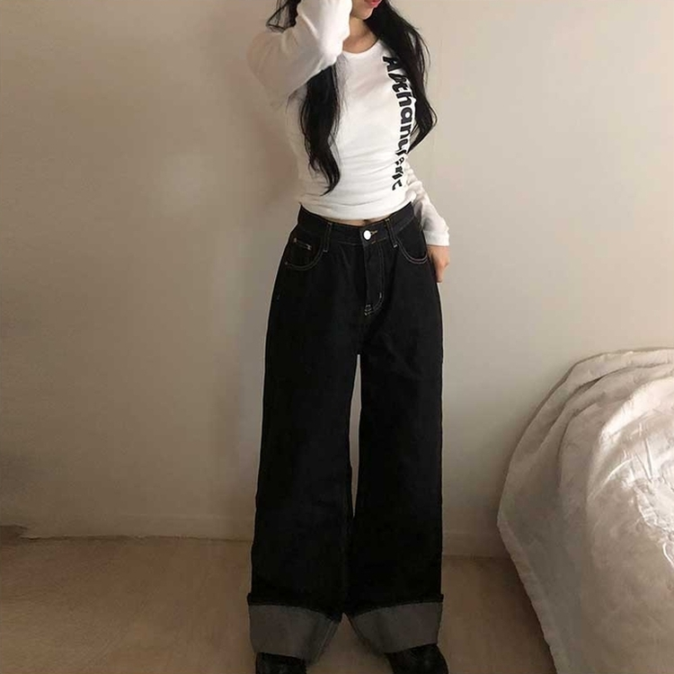 ロールアップワイドデニムパンツ BLACK DENIM