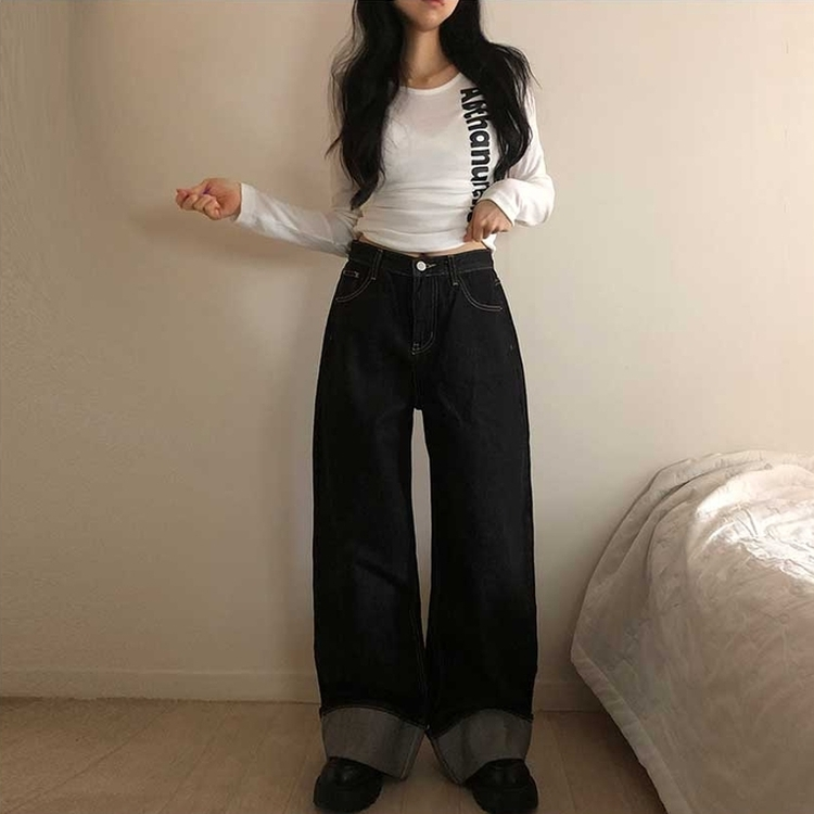 ロールアップワイドデニムパンツ BLACK DENIM