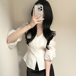 Vカラーレイヤードシースルー長袖ブラウスシャツ WHITE