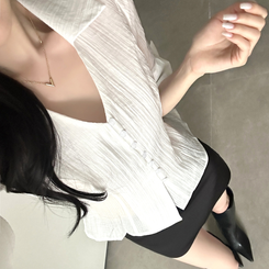 Vカラーレイヤードシースルー長袖ブラウスシャツ WHITE