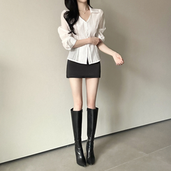 Vカラーレイヤードシースルー長袖ブラウスシャツ WHITE