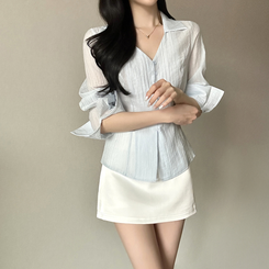 Vカラーレイヤードシースルー長袖ブラウスシャツ SKY BLUE