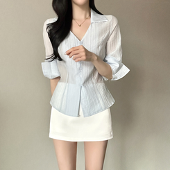 Vカラーレイヤードシースルー長袖ブラウスシャツ SKY BLUE