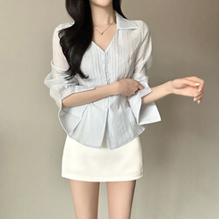 Vカラーレイヤードシースルー長袖ブラウスシャツ SKY BLUE