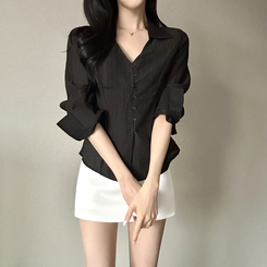 Vカラーレイヤードシースルー長袖ブラウスシャツ BLACK